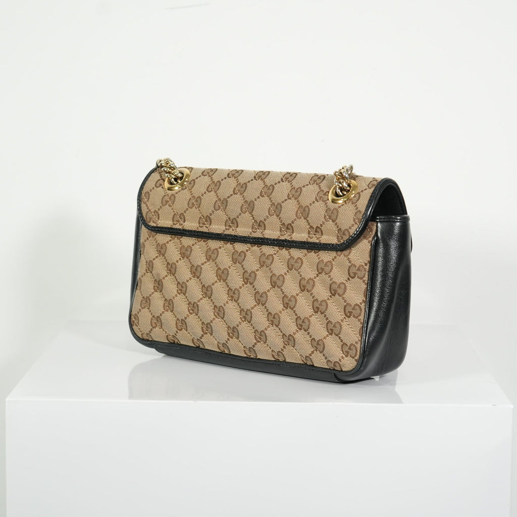 Gucci Brown Marmont Black Leather Canvas GG Bag