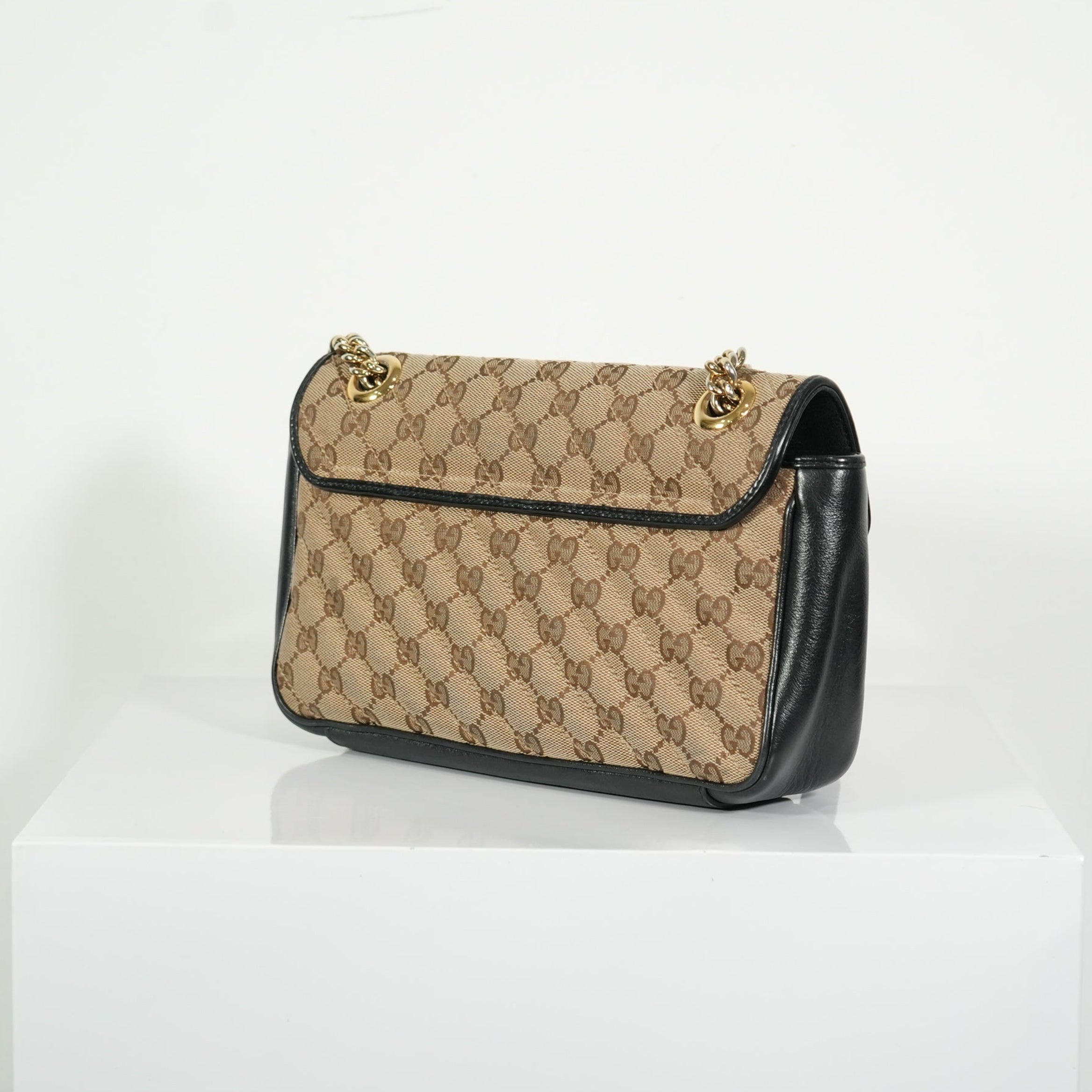Gucci Brown Marmont Black Leather Canvas GG Bag