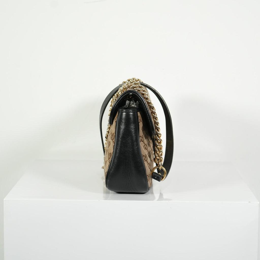 Gucci Brown Marmont Black Leather Canvas GG Bag
