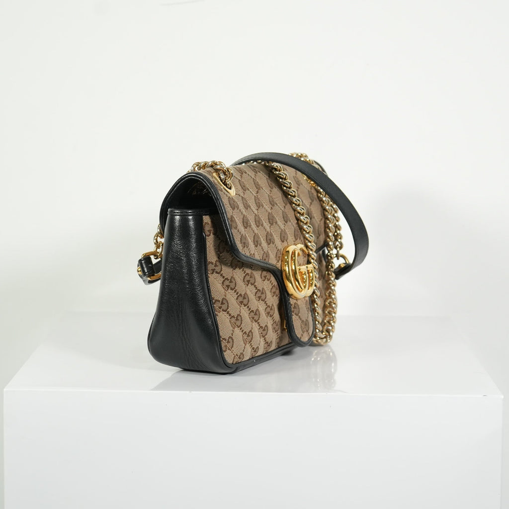 Gucci Brown Marmont Black Leather Canvas GG Bag