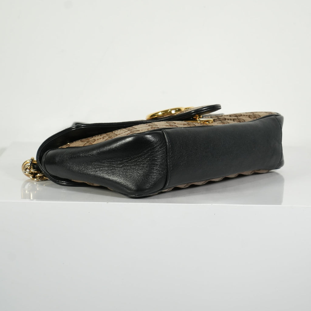 Gucci Brown Marmont Black Leather Canvas GG Bag