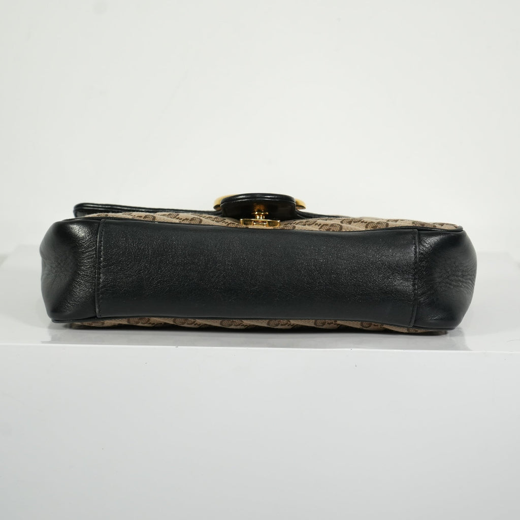 Gucci Brown Marmont Black Leather Canvas GG Bag