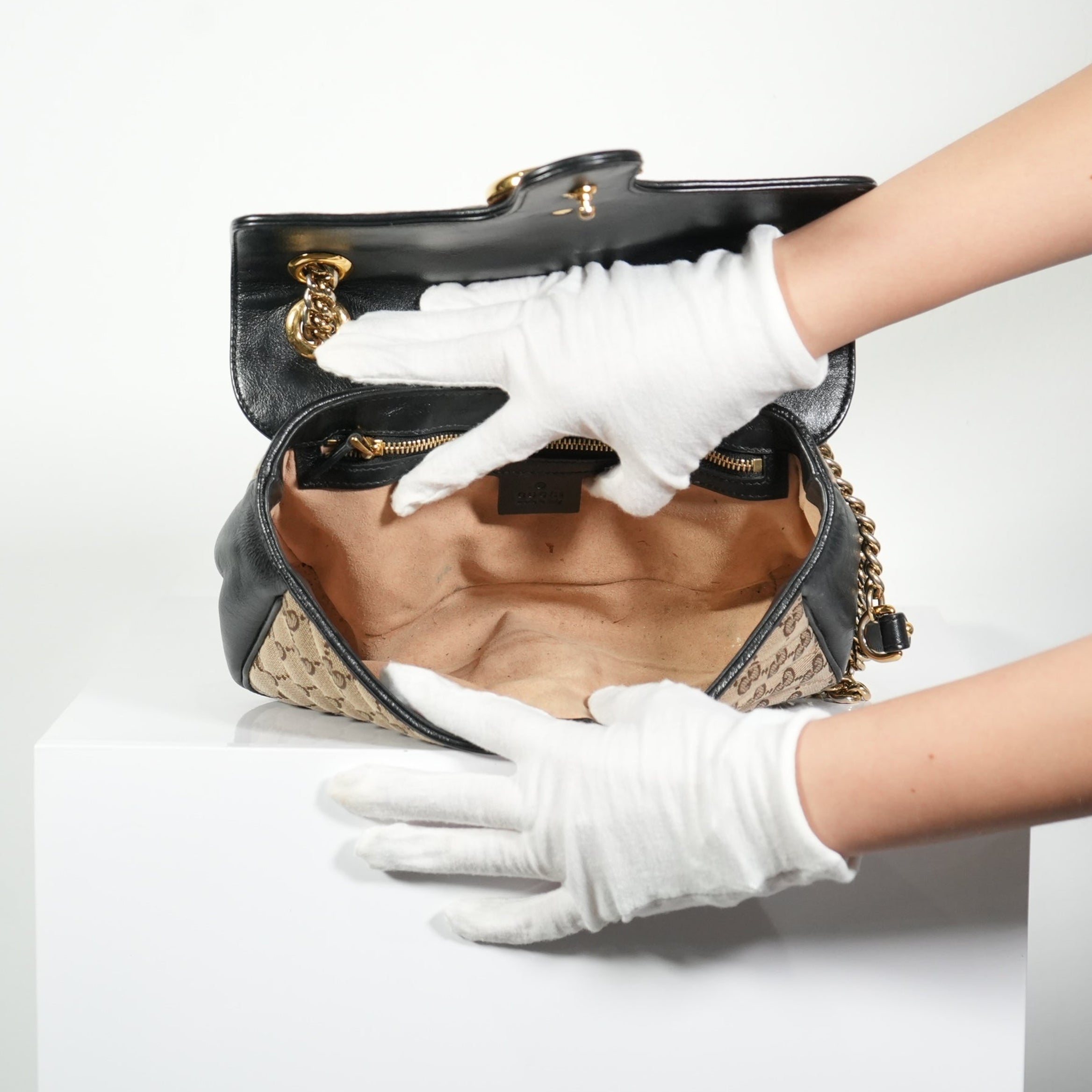 Gucci Brown Marmont Black Leather Canvas GG Bag