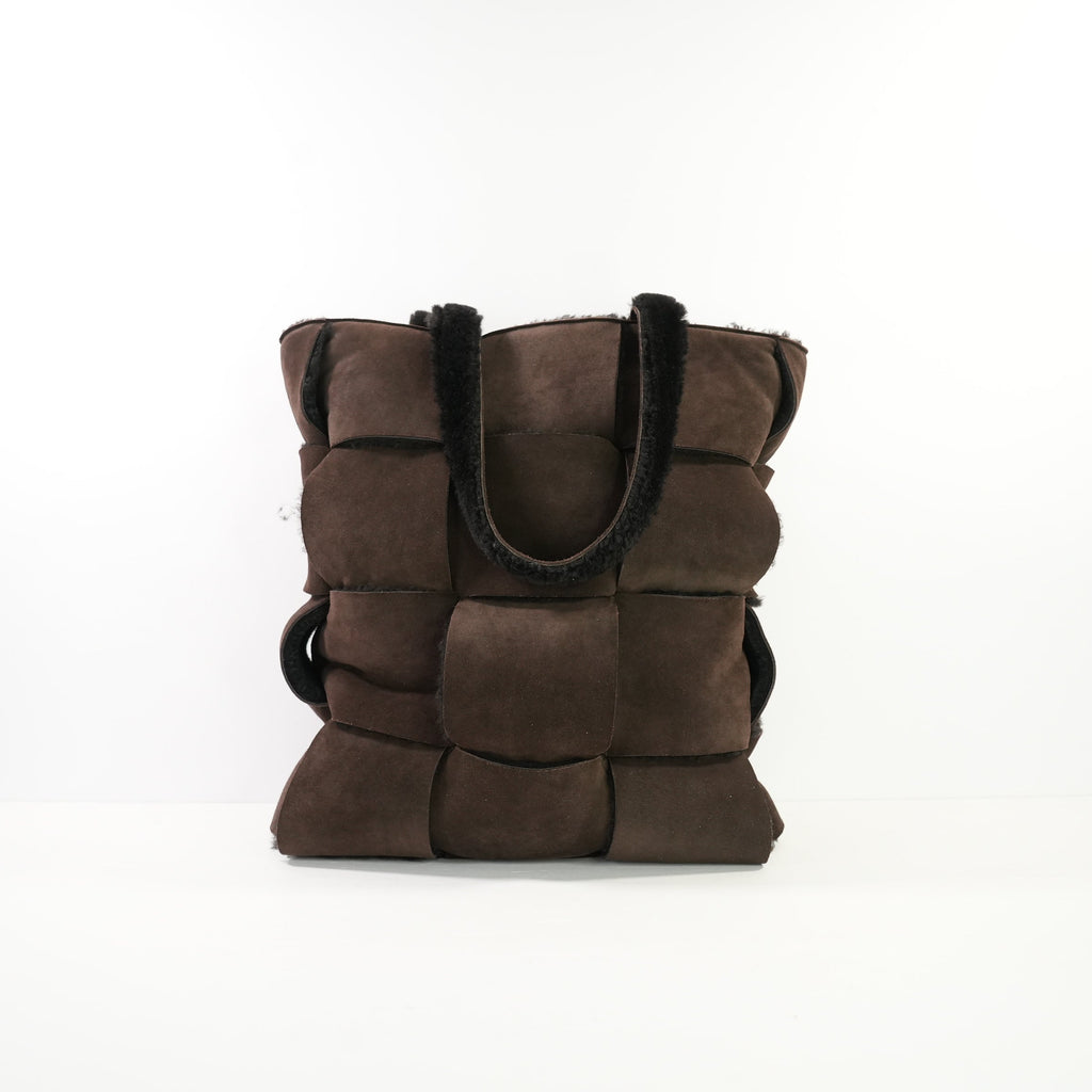 Bottega Veneta Dark Brown Suede Shearling Woven Tote Bag W/ Dust Bag