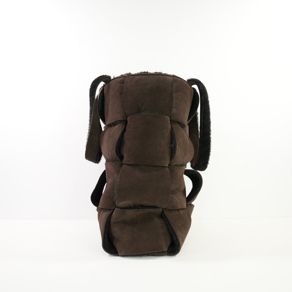 Bottega Veneta Dark Brown Suede Shearling Woven Tote Bag W/ Dust Bag