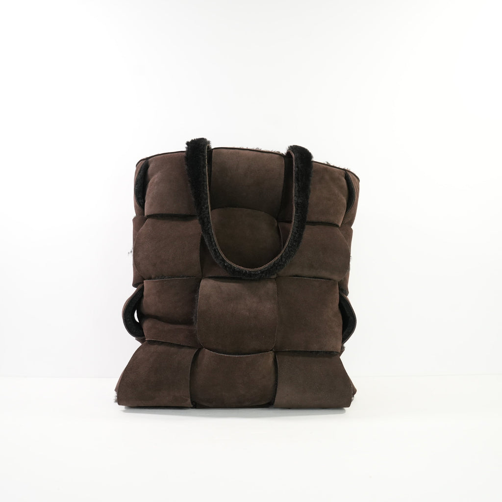 Bottega Veneta Dark Brown Suede Shearling Woven Tote Bag W/ Dust Bag