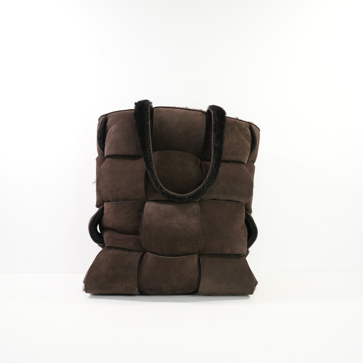 Bottega Veneta Dark Brown Suede Shearling Woven Tote Bag W/ Dust Bag