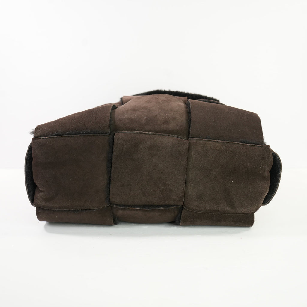 Bottega Veneta Dark Brown Suede Shearling Woven Tote Bag W/ Dust Bag