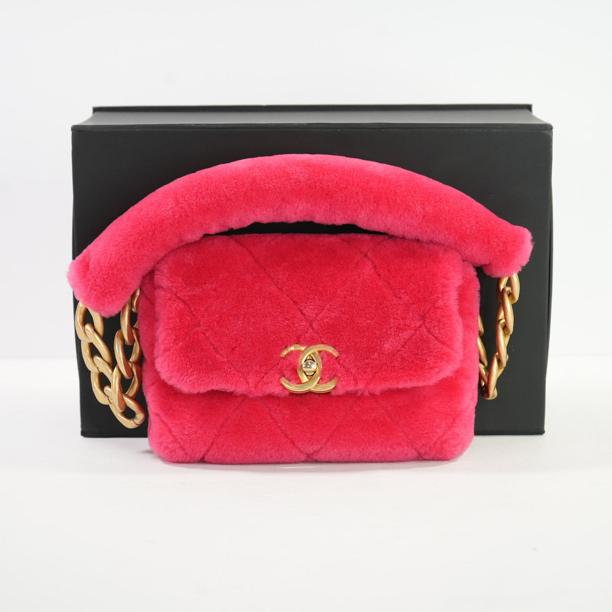 Chanel Hot Pink Shearling Flapbag, Full Set (2020)