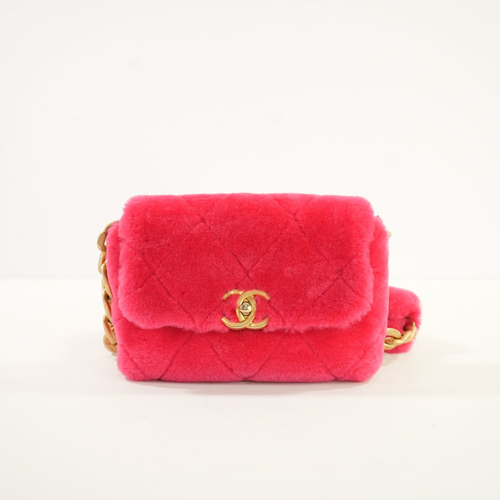 Chanel Hot Pink Shearling Flapbag, Full Set (2020)