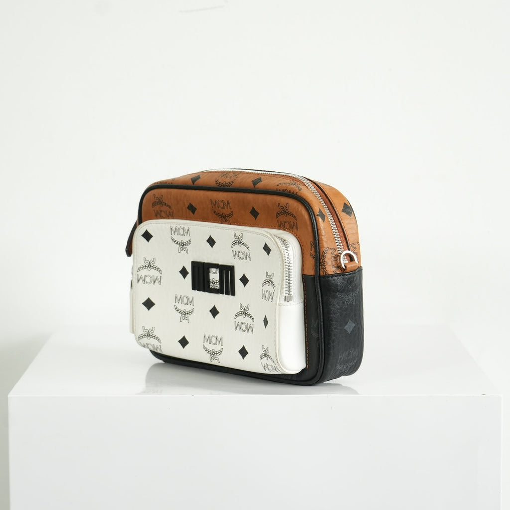MCM Klassik Visetos Mix Small Crossbody in White and Brown
