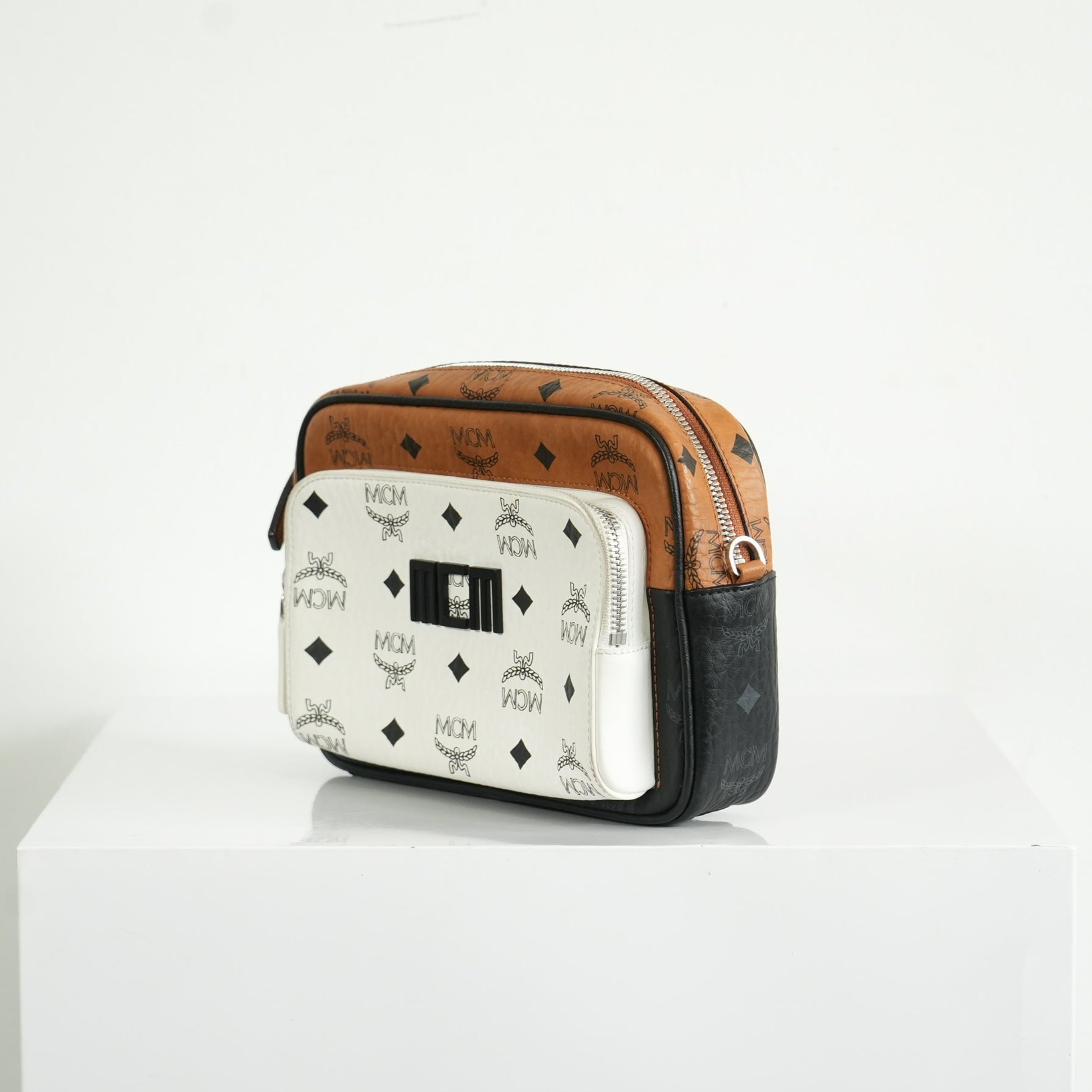 MCM Klassik Visetos Mix Small Crossbody in White and Brown