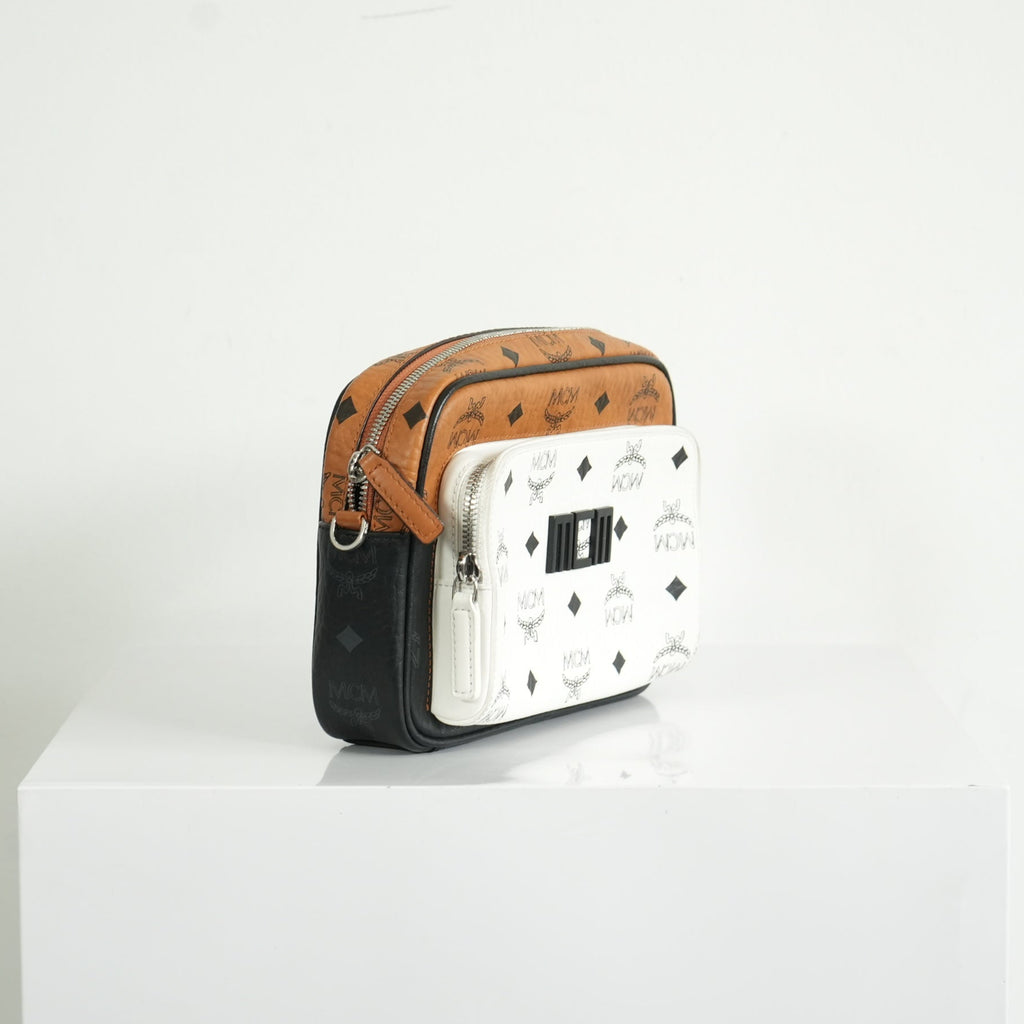 MCM Klassik Visetos Mix Small Crossbody in White and Brown