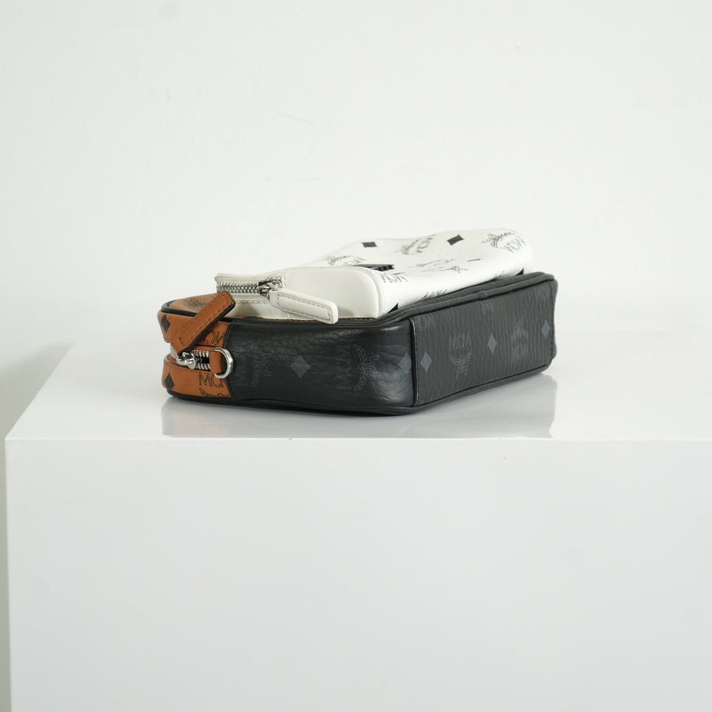 MCM Klassik Visetos Mix Small Crossbody in White and Brown