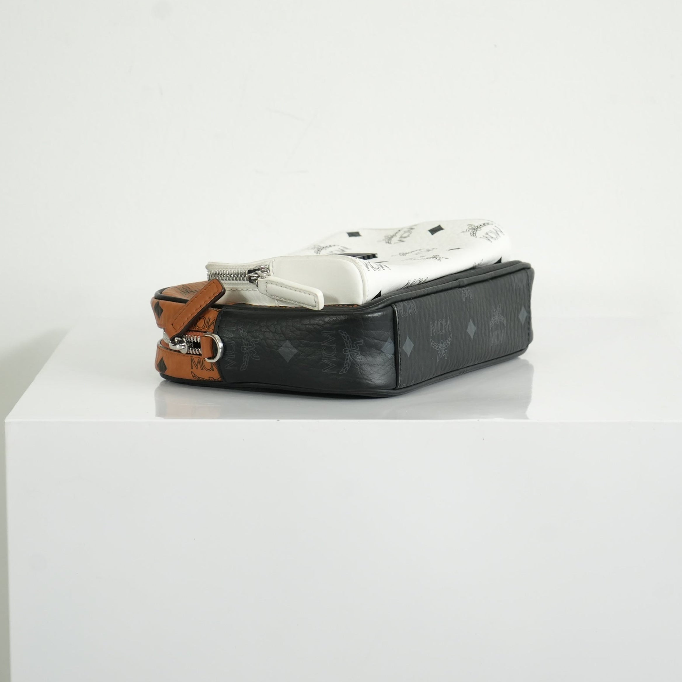 MCM Klassik Visetos Mix Small Crossbody in White and Brown