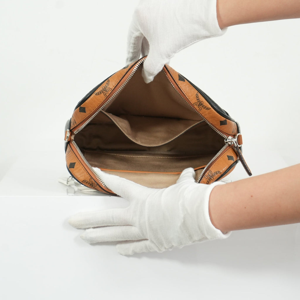 MCM Klassik Visetos Mix Small Crossbody in White and Brown