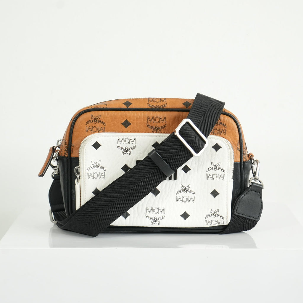 MCM Klassik Visetos Mix Small Crossbody in White and Brown