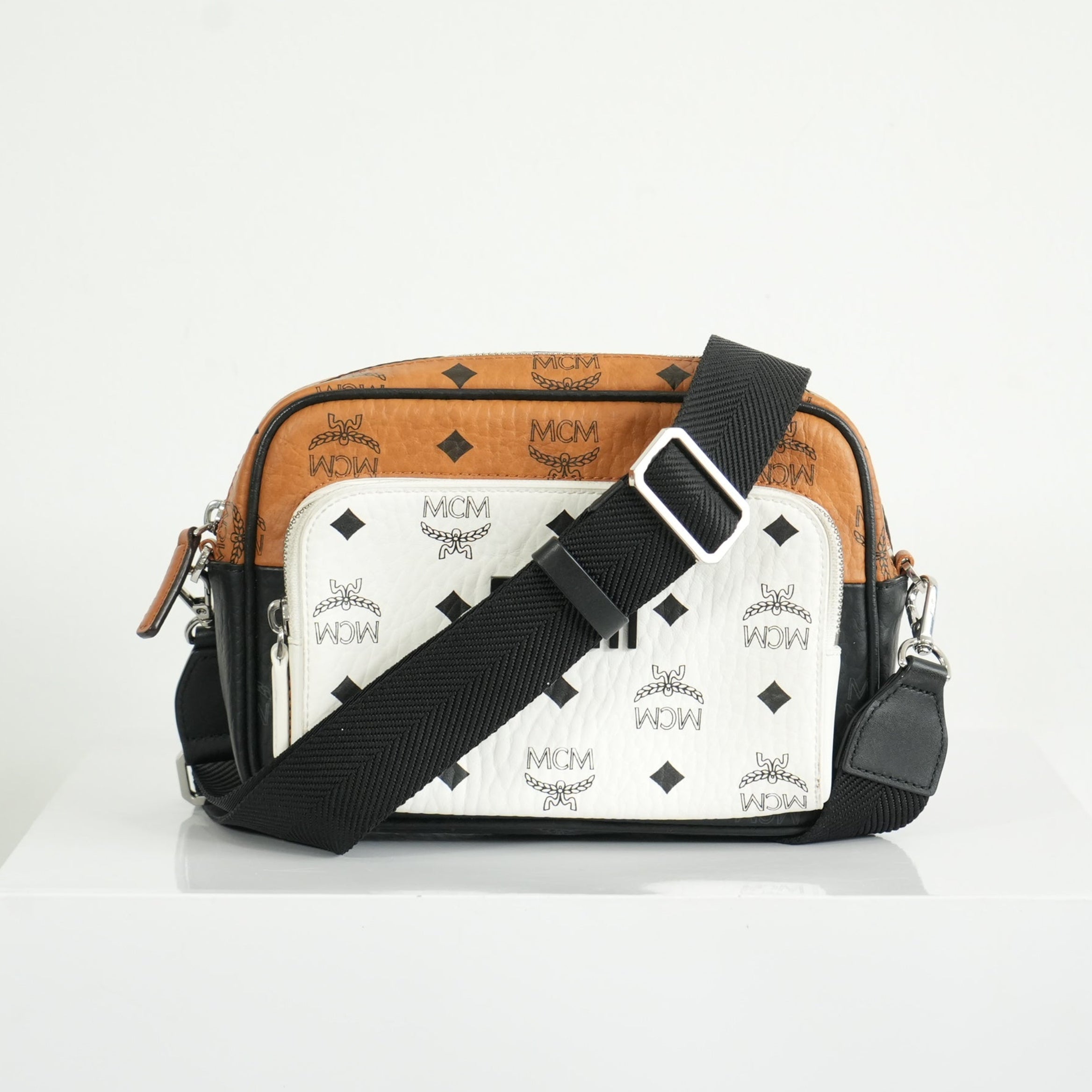 MCM Klassik Visetos Mix Small Crossbody in White and Brown