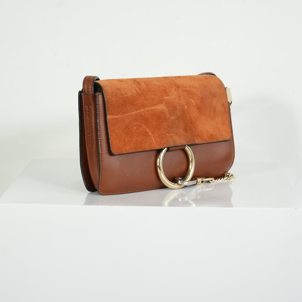 Chloe Faye Small Shoulder Bag in Tobacco Suede & Calfskin Leather