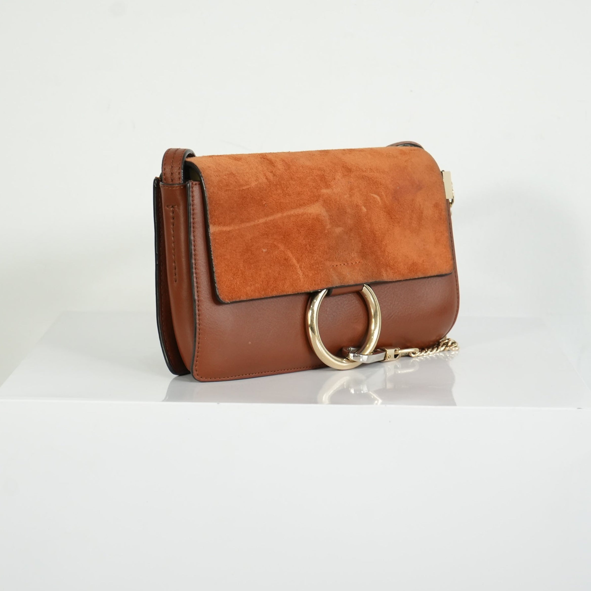 Chloe Faye Small Shoulder Bag in Tobacco Suede & Calfskin Leather