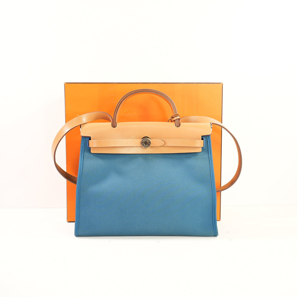 Hermes Toile Herbag Zip 31 Satchel Blue Canvas and Leather, Full Set