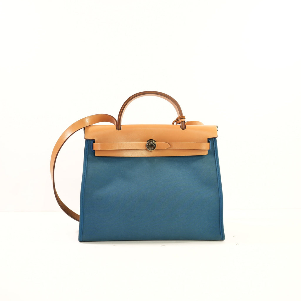 Hermes Toile Herbag Zip 31 Satchel Blue Canvas and Leather, Full Set