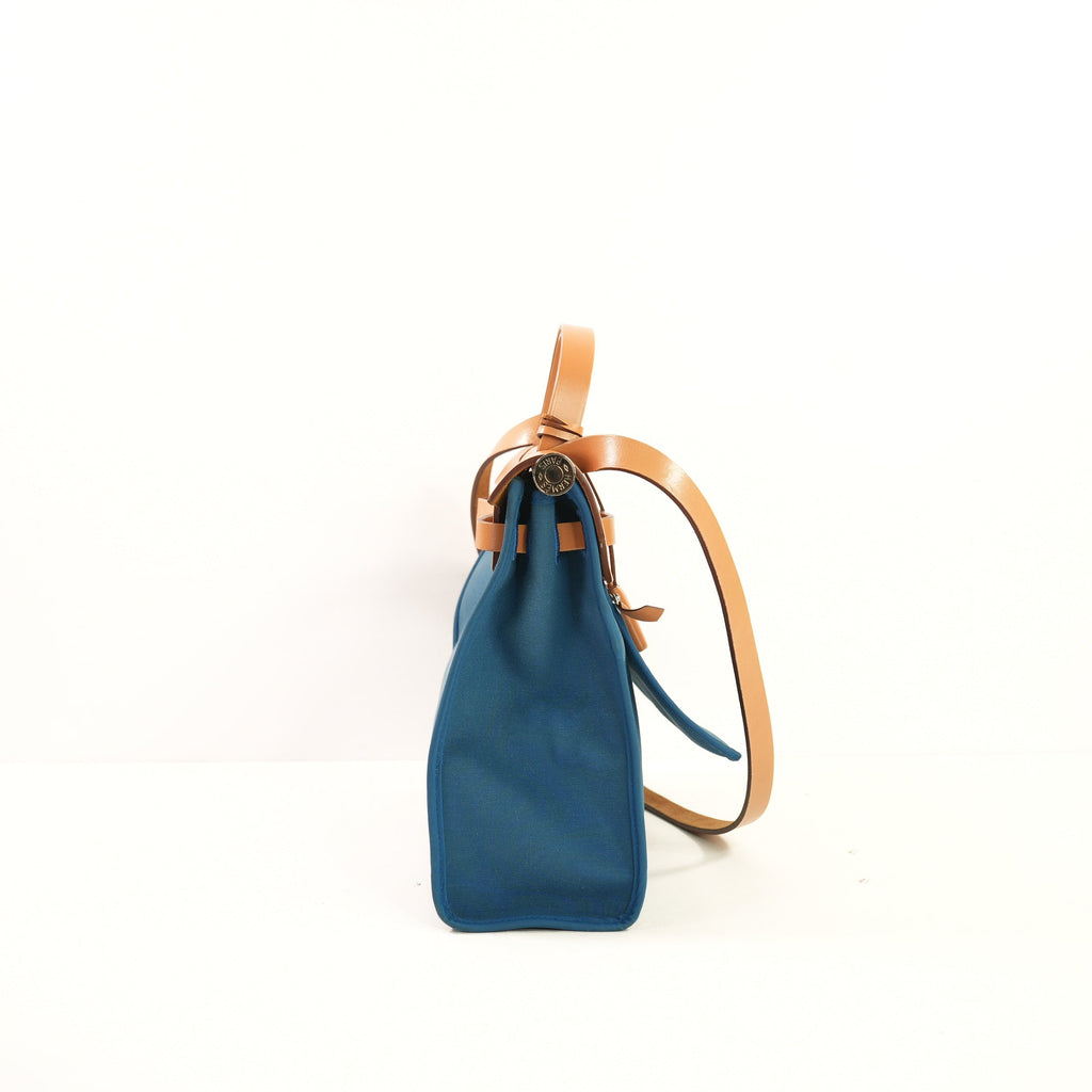 Hermes Toile Herbag Zip 31 Satchel Blue Canvas and Leather, Full Set
