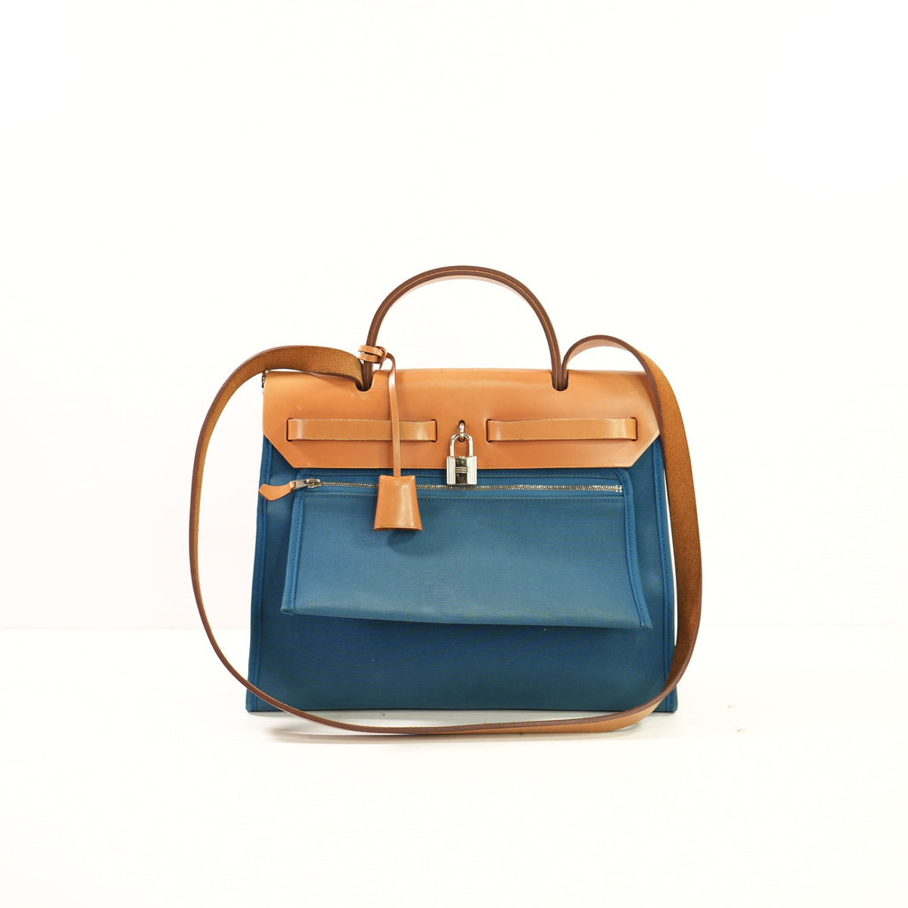 Hermes Toile Herbag Zip 31 Satchel Blue Canvas and Leather, Full Set
