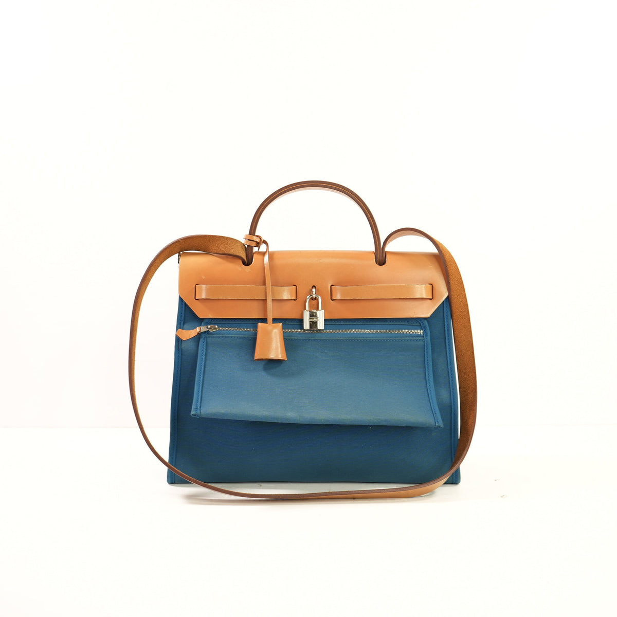 Hermes Toile Herbag Zip 31 Satchel Blue Canvas and Leather, Full Set