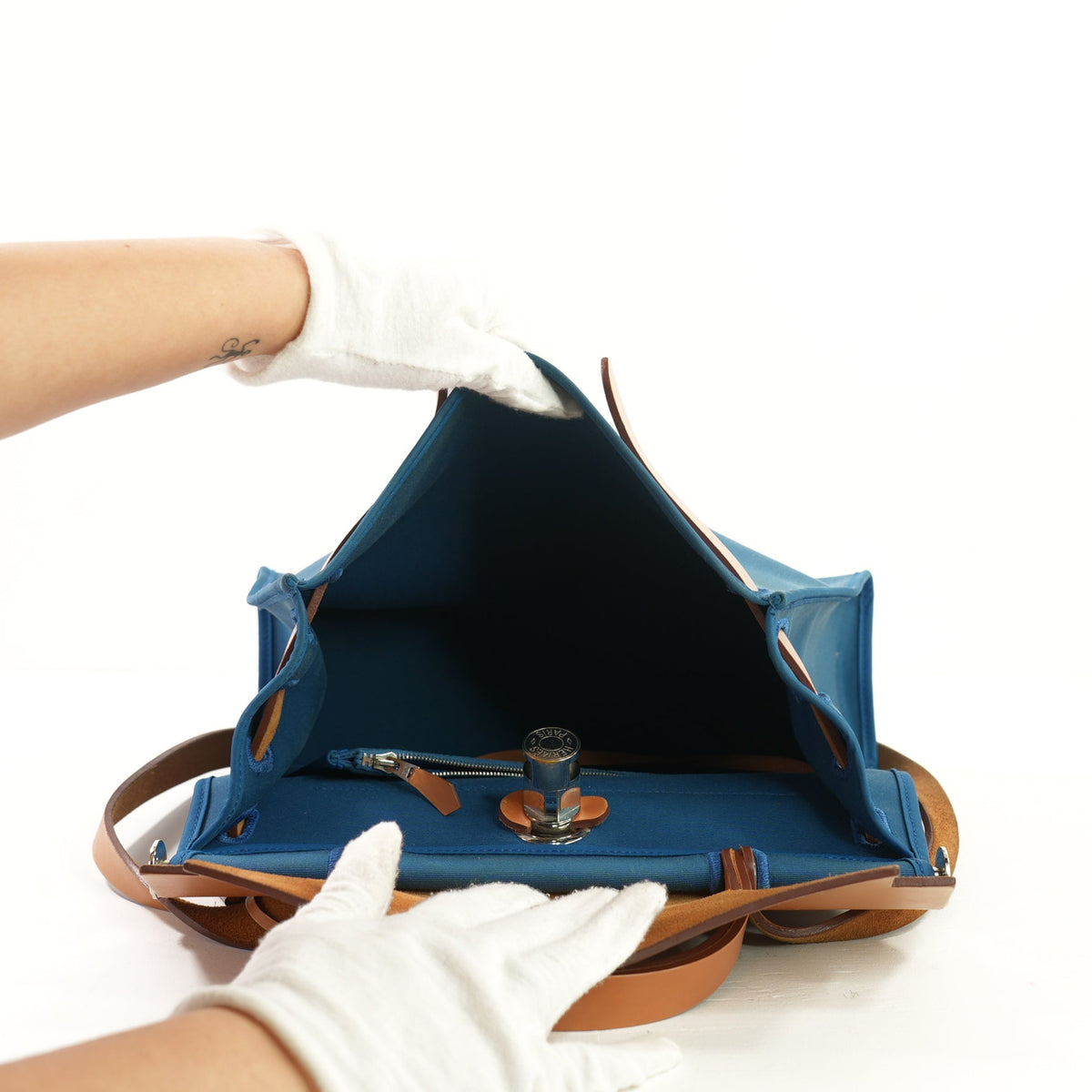 Hermes Toile Herbag Zip 31 Satchel Blue Canvas and Leather, Full Set