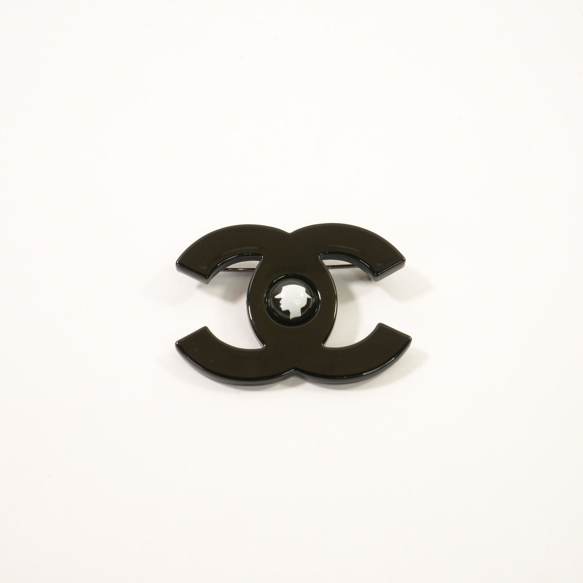 Chanel CC Logo Brooch in Black Metal with Rolling Ball in Middle (Full Set)