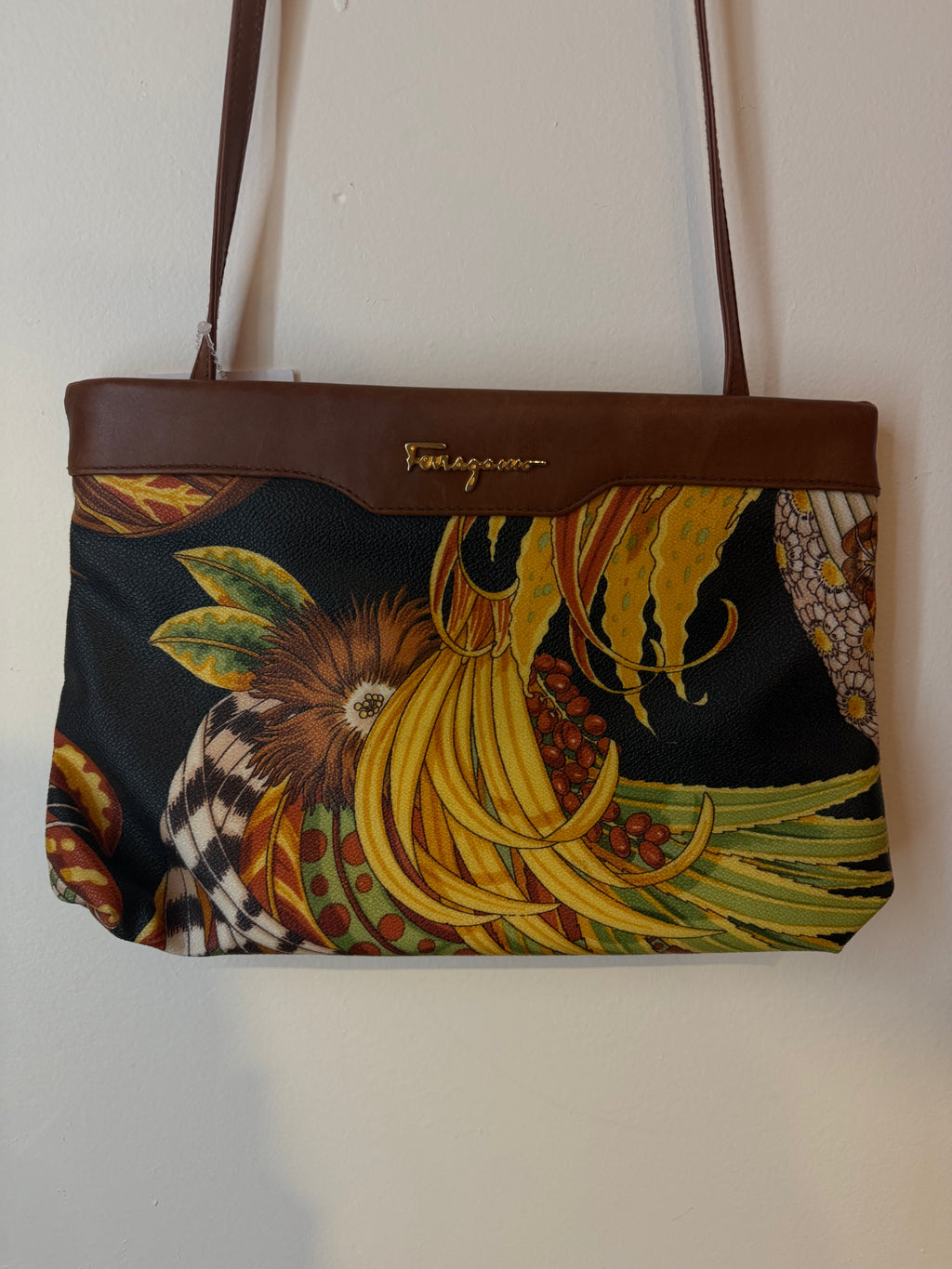 Ferragamo Brown Leather Floral Crossbody
