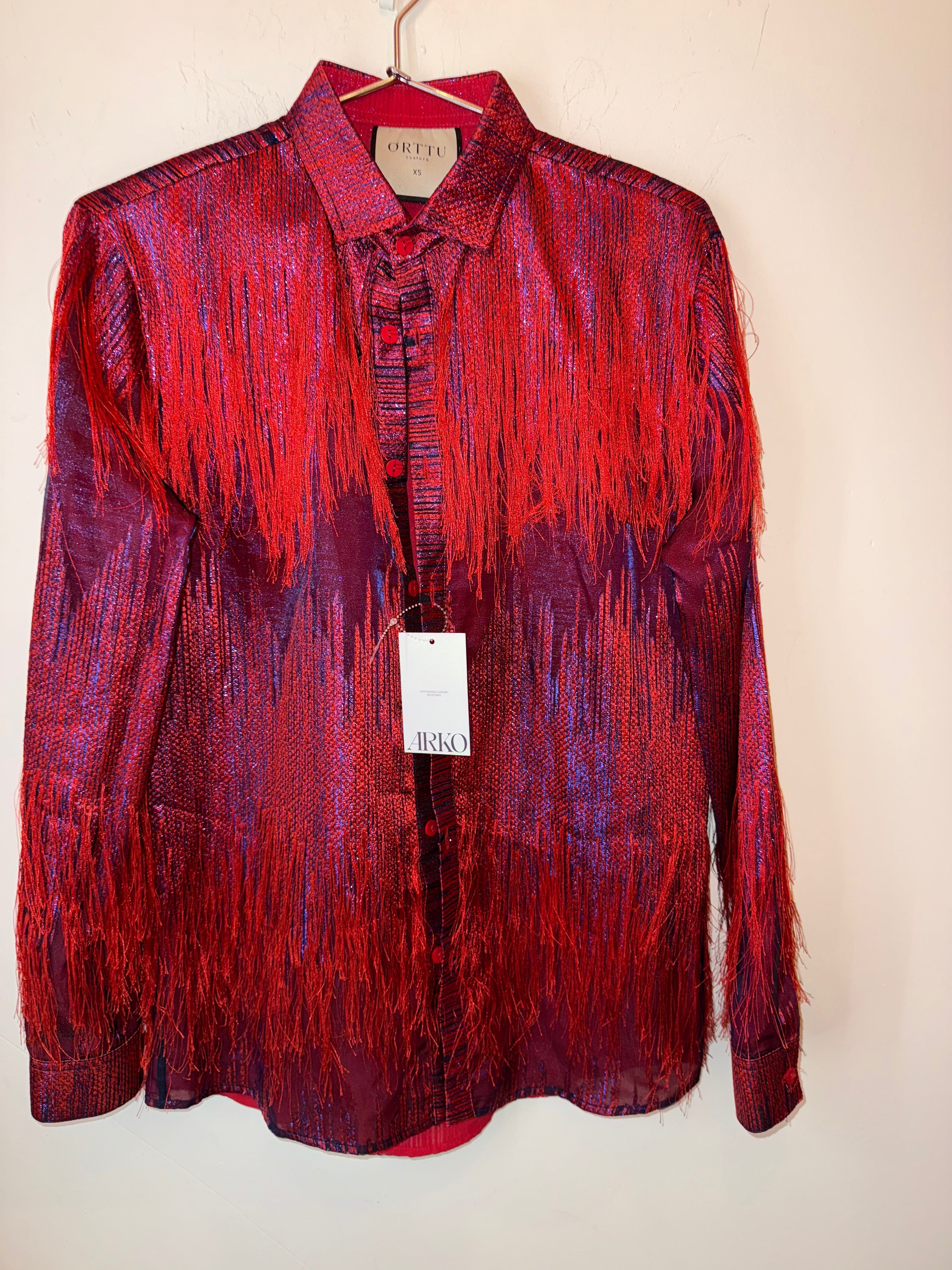 ÓRTTU red/blue fringe button down shirt