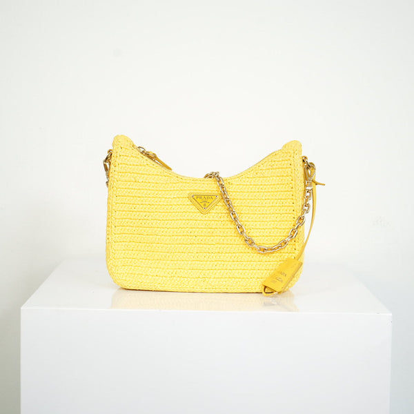 Prada Yellow Raffia Re-Edition 2005 Small Shoulder Bag W/Dust Bag