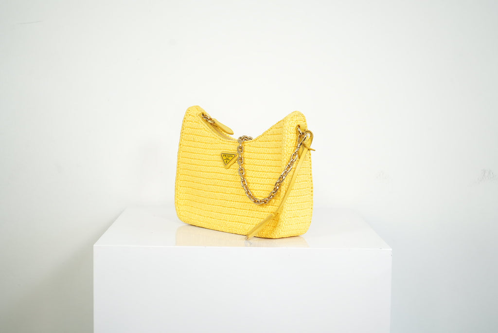 Prada Yellow Raffia Re-Edition 2005 Small Shoulder Bag W/Dust Bag
