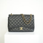 Chanel Black Caviar Leather Maxi Double Flap Bag Full Set