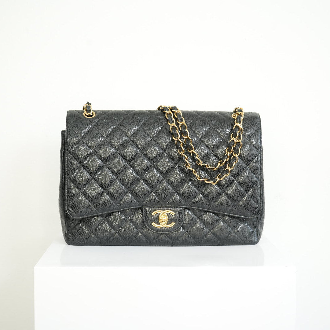 Chanel Black Caviar Leather Maxi Double Flap Bag Full Set