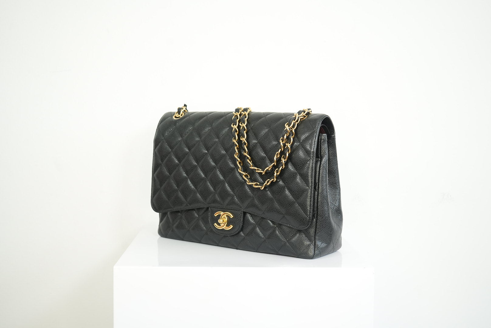 Chanel Black Caviar Leather Maxi Double Flap Bag Full Set