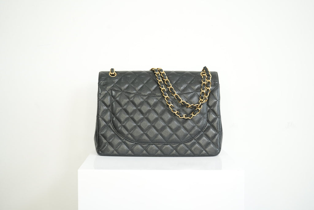 Chanel Black Caviar Leather Maxi Double Flap Bag Full Set