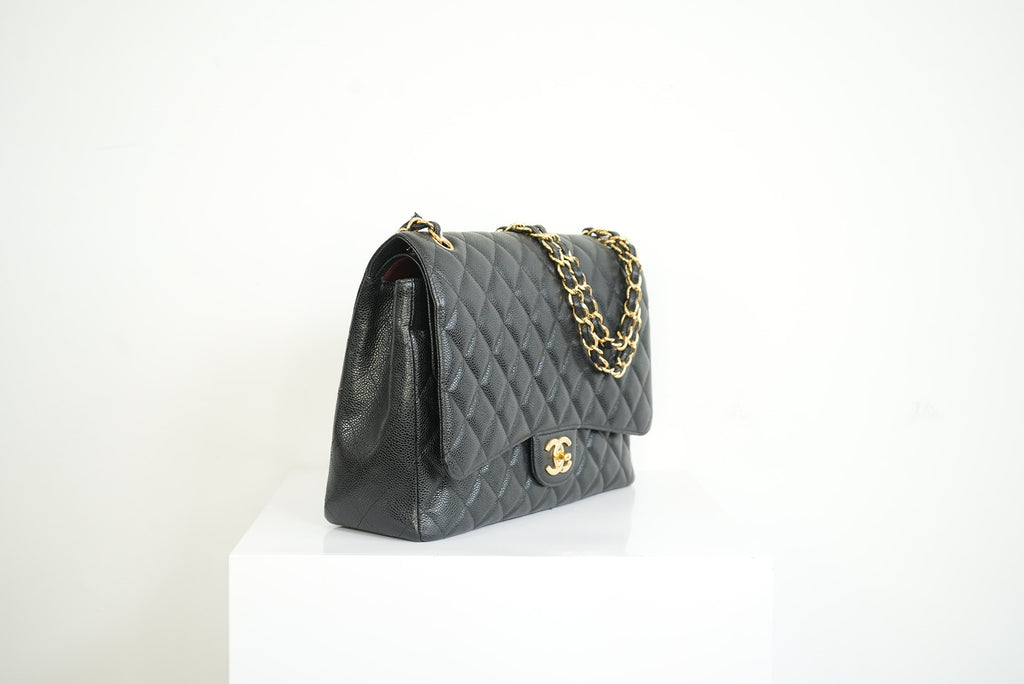 Chanel Black Caviar Leather Maxi Double Flap Bag Full Set