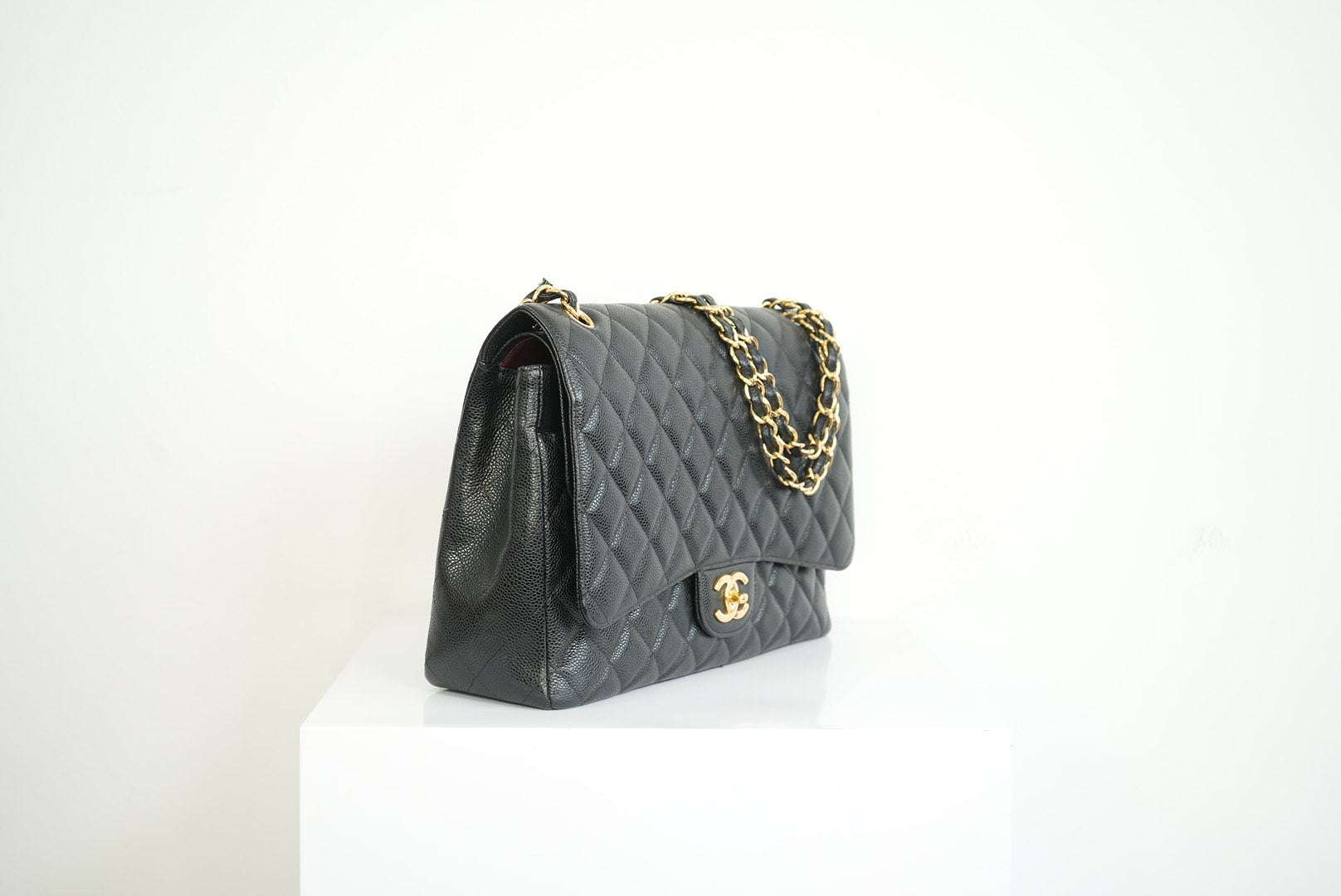 Chanel Black Caviar Leather Maxi Double Flap Bag Full Set
