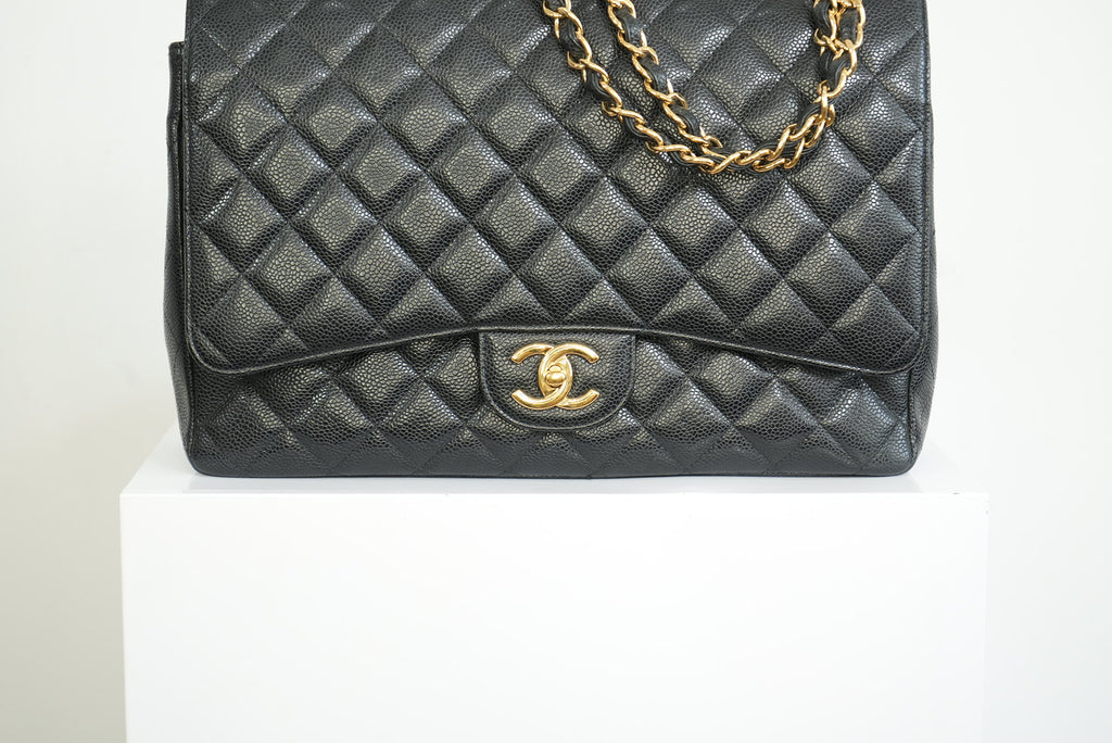Chanel Black Caviar Leather Maxi Double Flap Bag Full Set