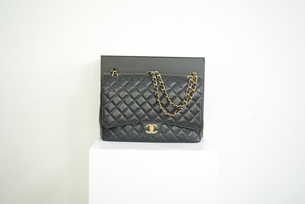 Chanel Black Caviar Leather Maxi Double Flap Bag Full Set