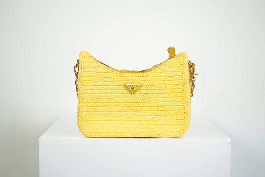 Prada Yellow Raffia Re-Edition 2005 Small Shoulder Bag W/Dust Bag
