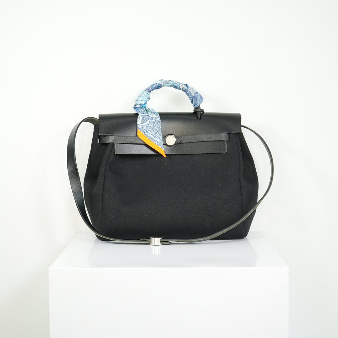 Hermès Herbag Zip 31 Black toile + Vache Hunter, PHW
