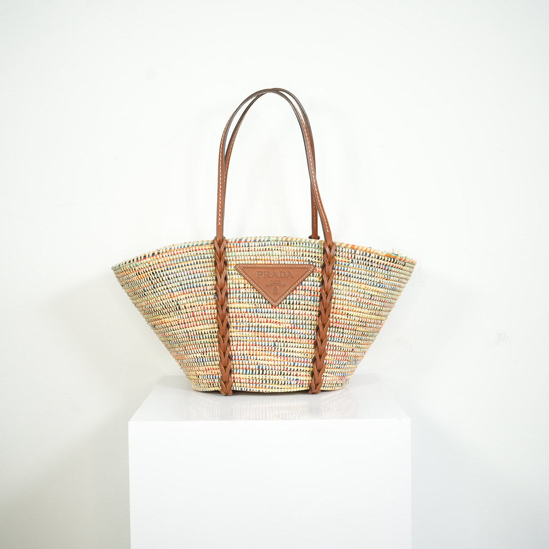 Prada Paglia Vitello Woven Multicolor Raffia Basket Tote