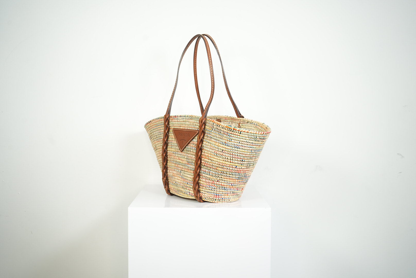 Prada Paglia Vitello Woven Multicolor Raffia Basket Tote