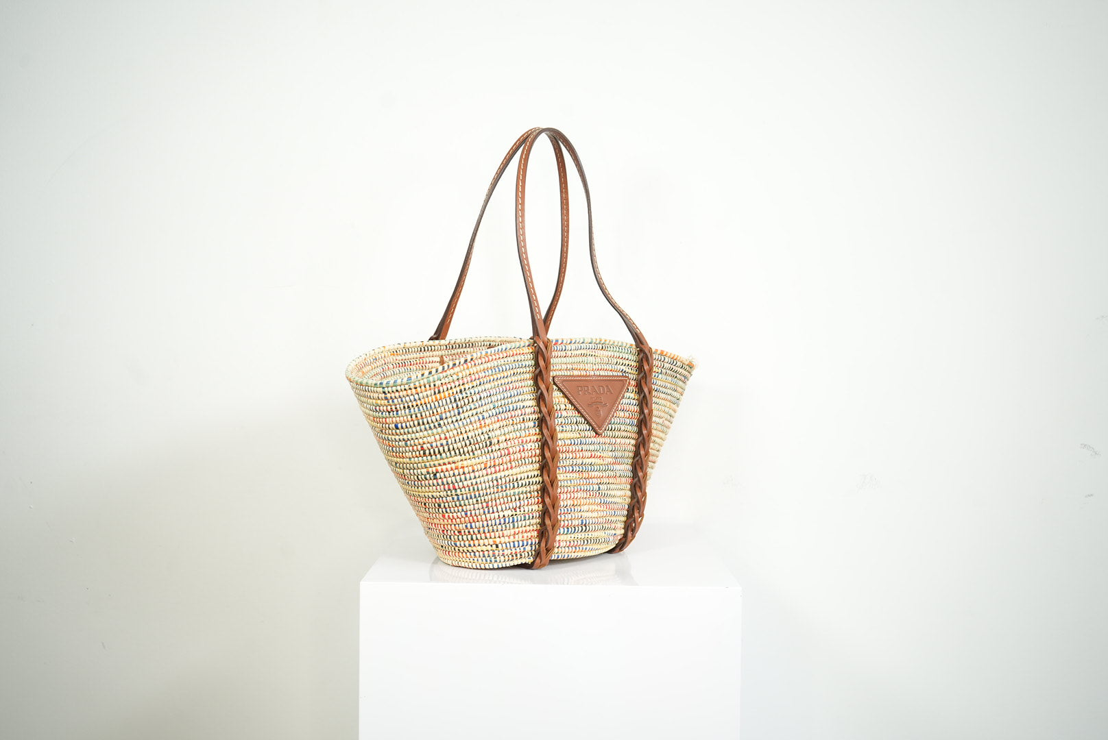 Prada Paglia Vitello Woven Multicolor Raffia Basket Tote