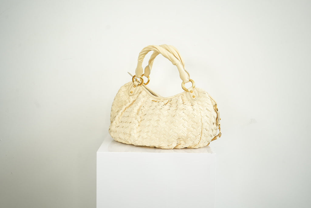 Miu Miu White Leather Woven Handle Bag