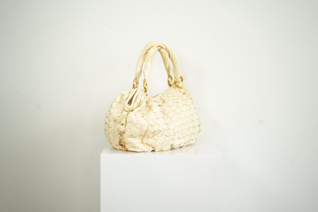 Miu Miu White Leather Woven Handle Bag